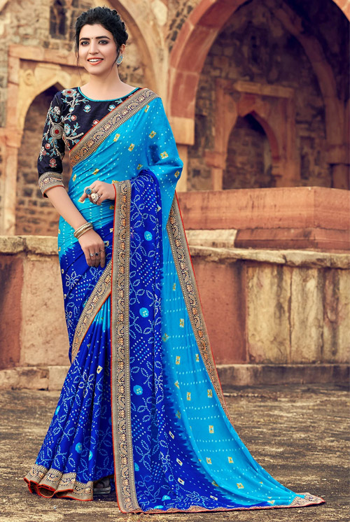 Shaded Blue Saree With Embroidered Blouse