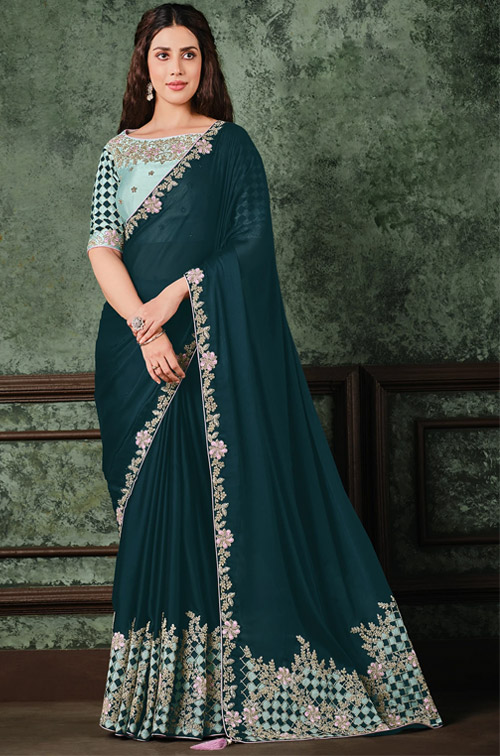 Teal Blue Box Pallu Work Saree With Designer Blouse