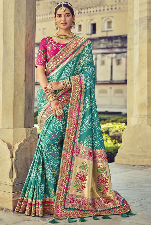 Teal Green Bandhani Saree