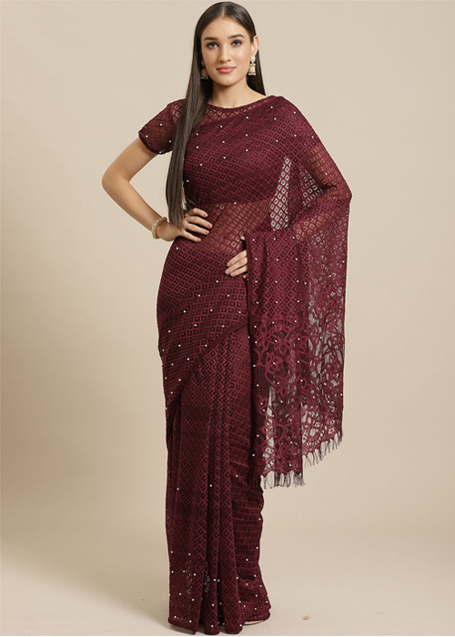 Wine Designer Net Saree
