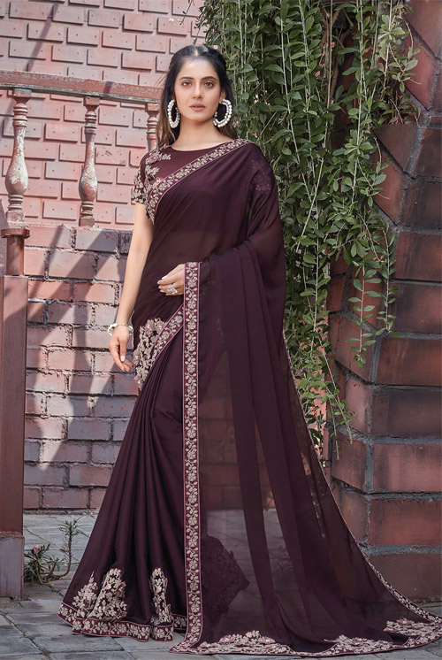 Wine Embroidered Saree