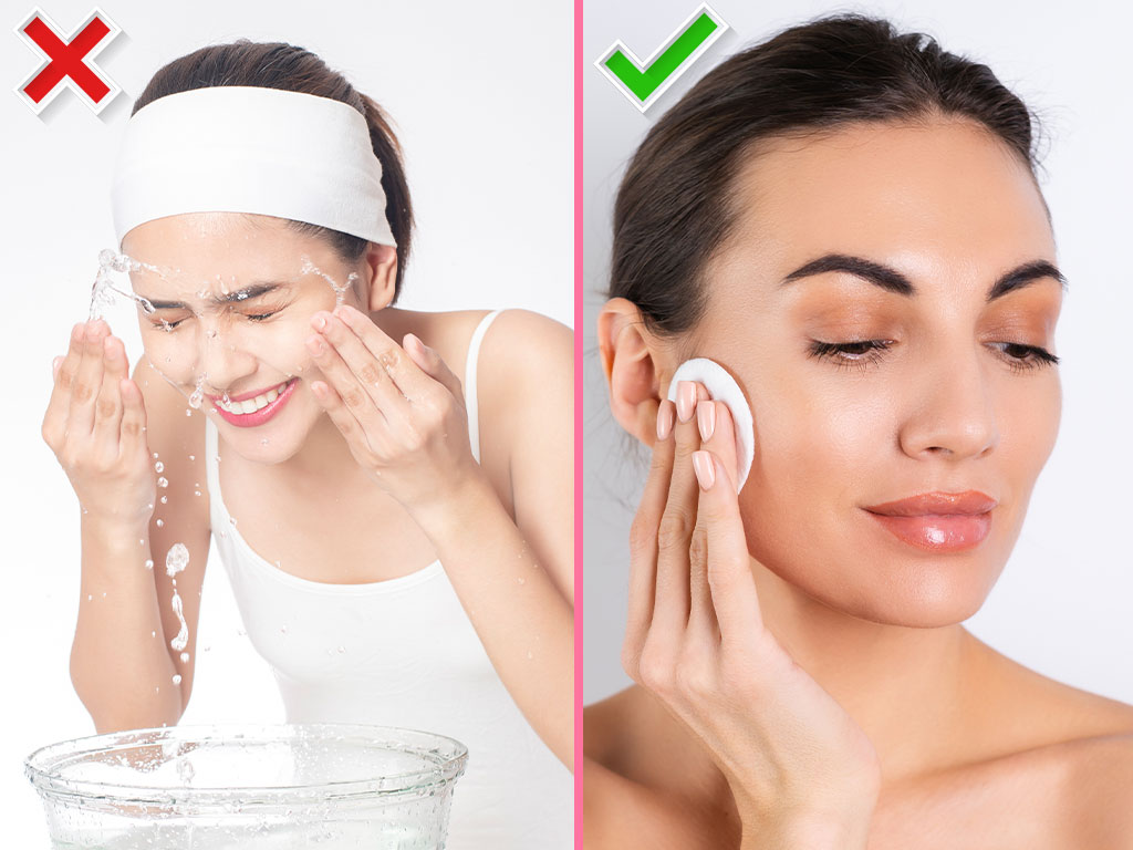 Women Cleansing Her Face With Water, Women Removing Makeup Using Cotton Pad