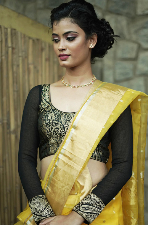 Yellow Gold Tone Saree And Black Blouse