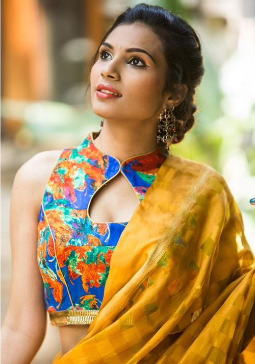 Yellow Saree And Blue Floral Printed Blouse