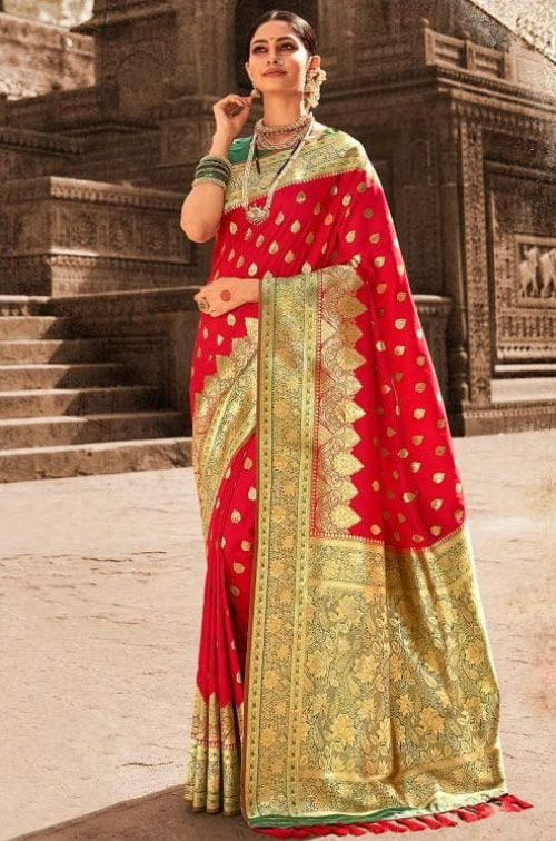 Red Banarasi Saree with Golden Pallu