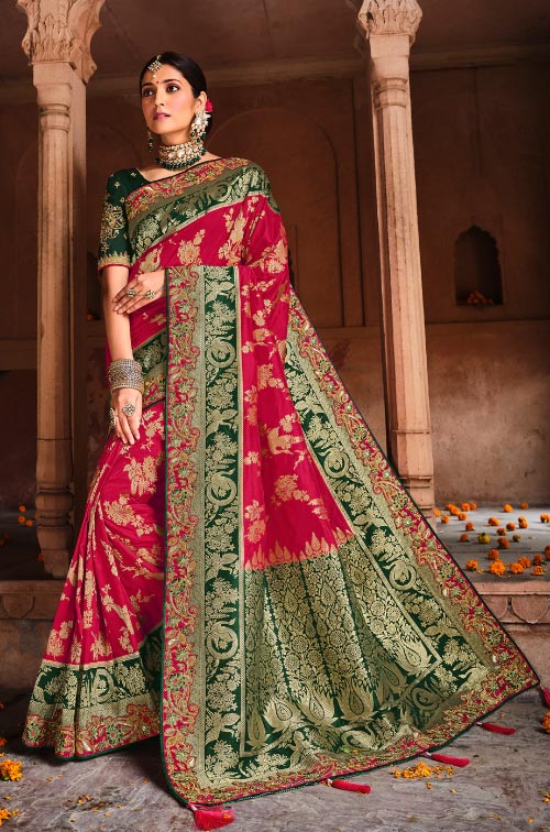 Red And Green Banarasi Saree