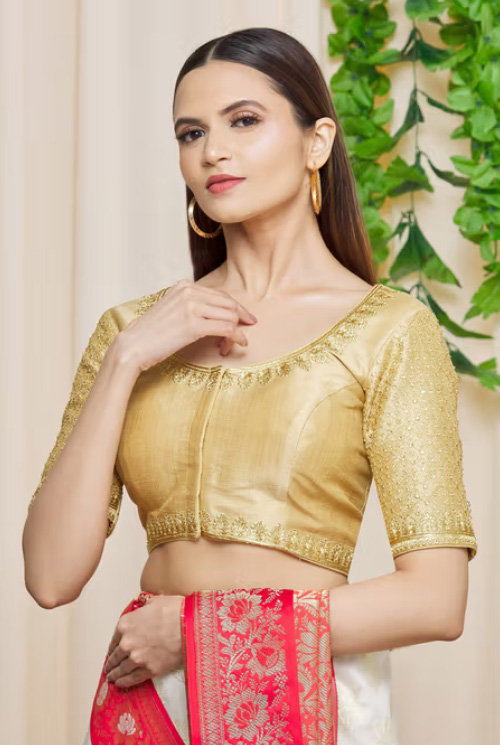 Golden U Neck Blouse With Designer Sleeves