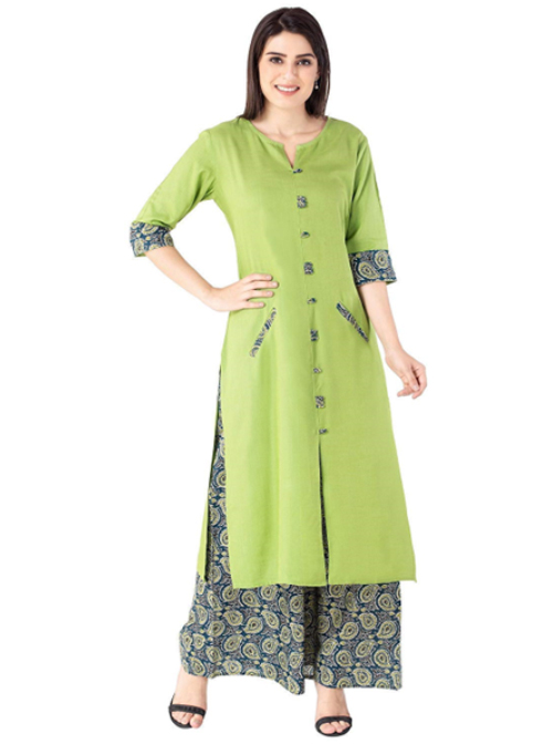 Green Kurti And Grey Palazzo