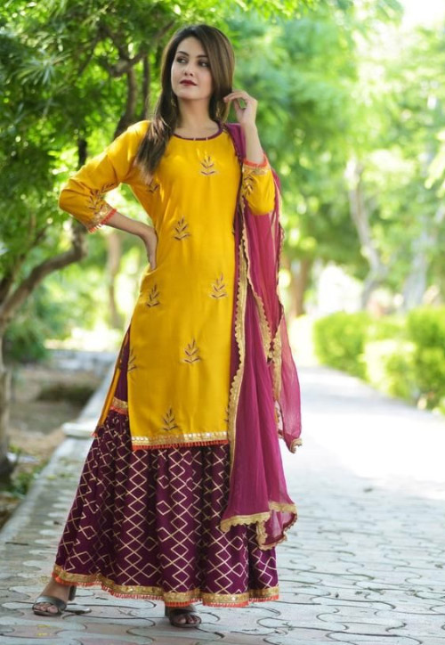 Yellow And Wine Kurta Palazzo Set