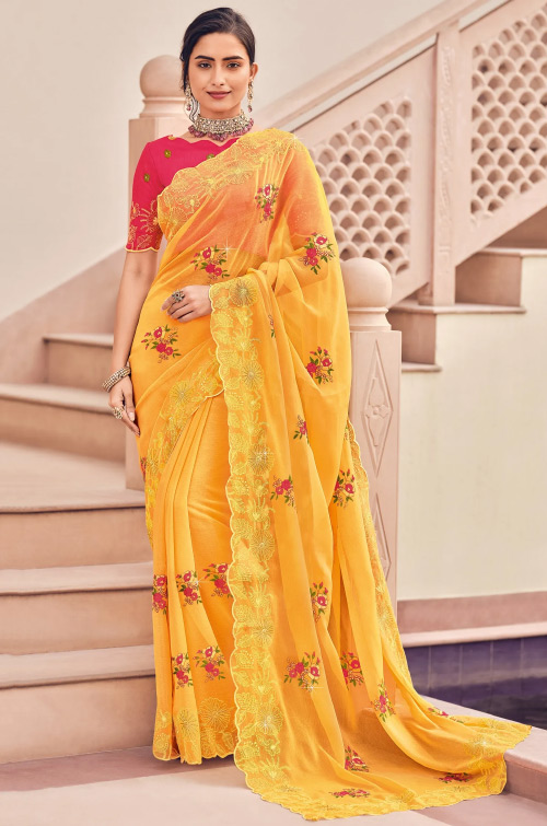 Floral Embroidered Chiffon Saree