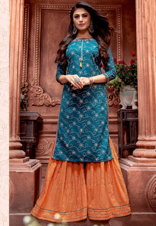 Teal Blue Kurti And Palazzo Suit