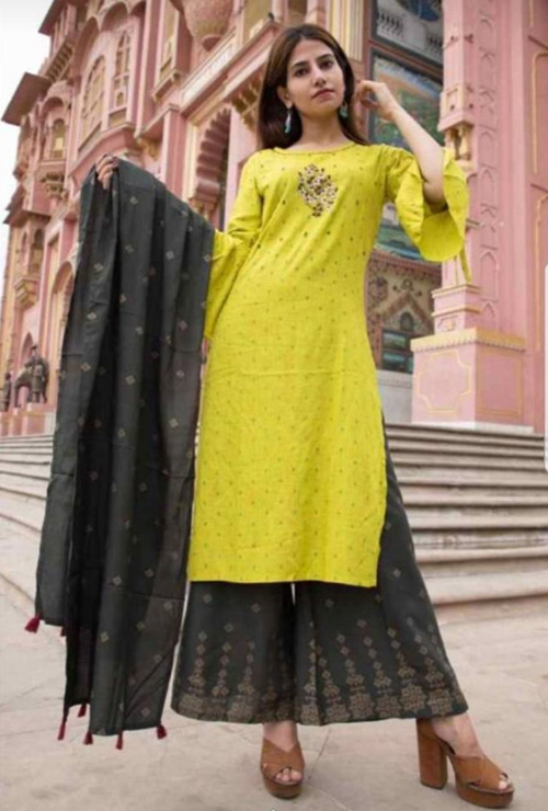 Yellow Kurti And Green Palazzo Set