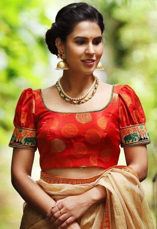 Orange Brocade U neck Blouse