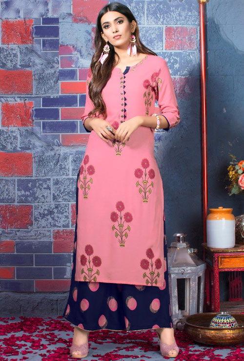 Peach And Blue Kurti Palazzo Set