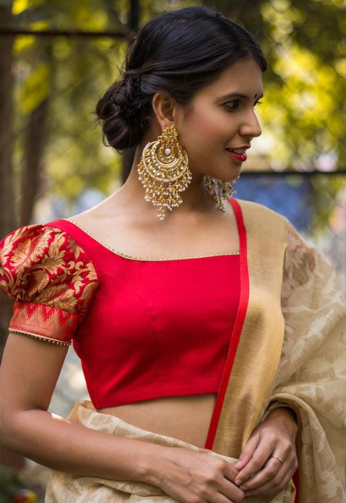 Red short Puff Sleeves Blouse Design