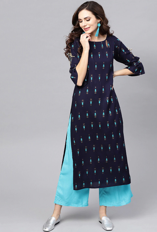 Navy Blue Kurta And Sea Green Palazzo Set