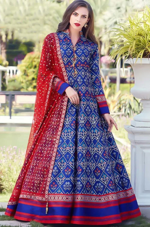 Blue Anarkali Kurti With Red Dupatta