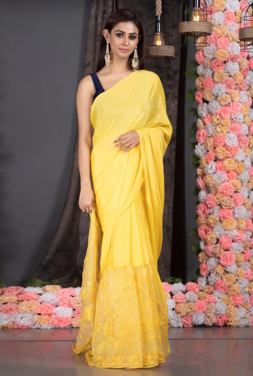 Embroidered Yellow Chiffon Saree