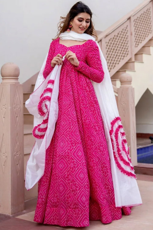 Pink Anarkali With White And Pink Dupatta