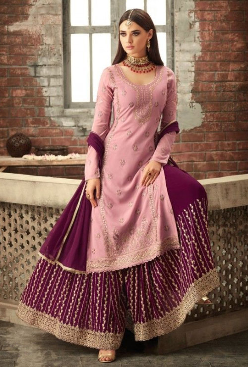 Pink And Purple Kurti Palazzo Set