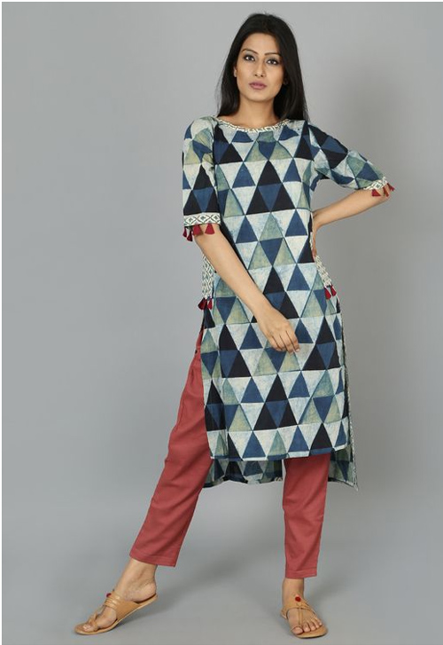 Blue White Kurti And Rust Red Pant