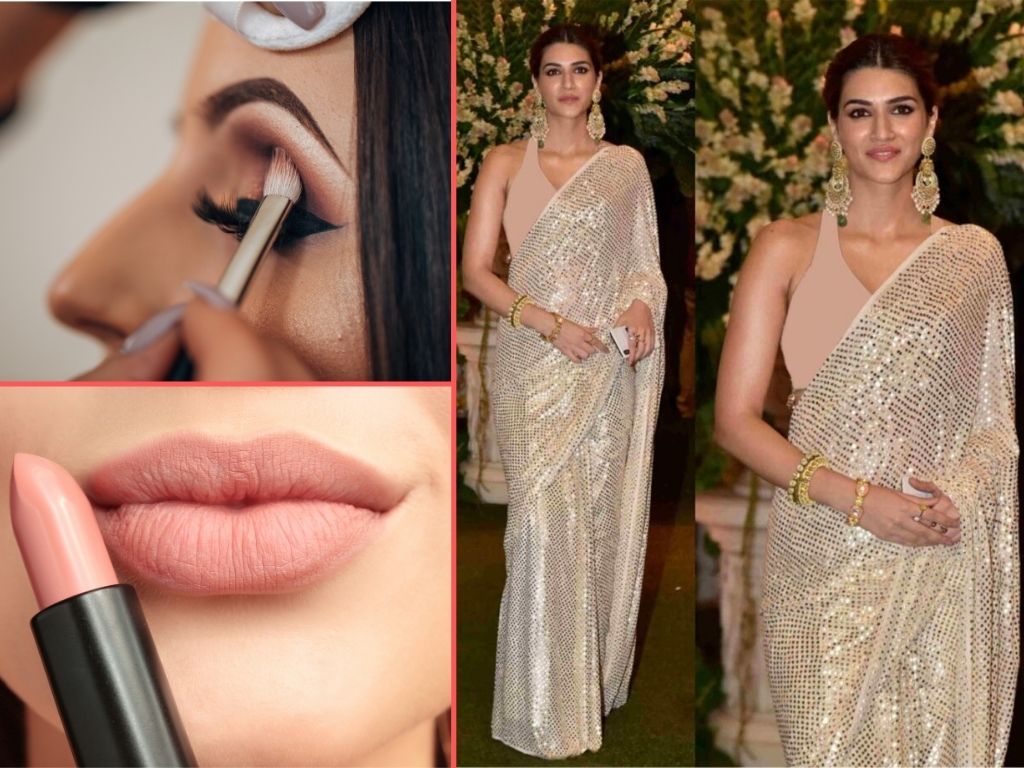 Bollywood Actress Wearing Silver Coloured Sequin Saree, Brown Eyeshadow, Pink Lipstick