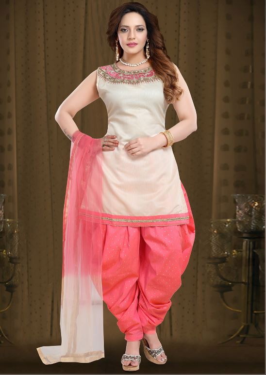 Cream And Pink Patiala Salwar Suit