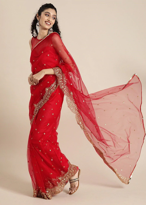 Golden Embroidered Border Red Saree