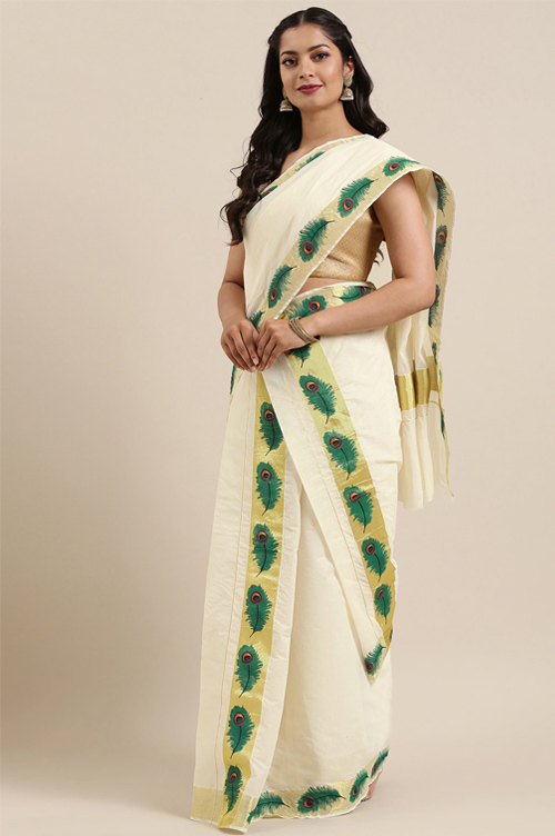 Off White And Green Kasavu Silk Saree