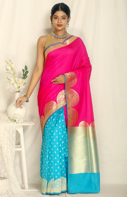 Pink And Blue Silk Saree