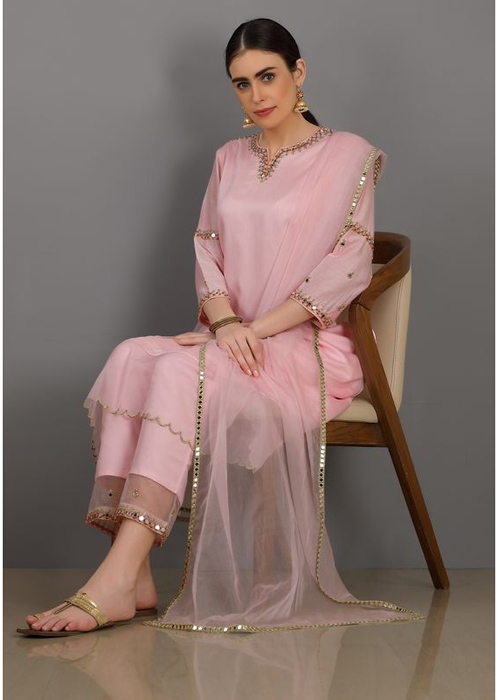 Pink Kurti With Net Dupatta