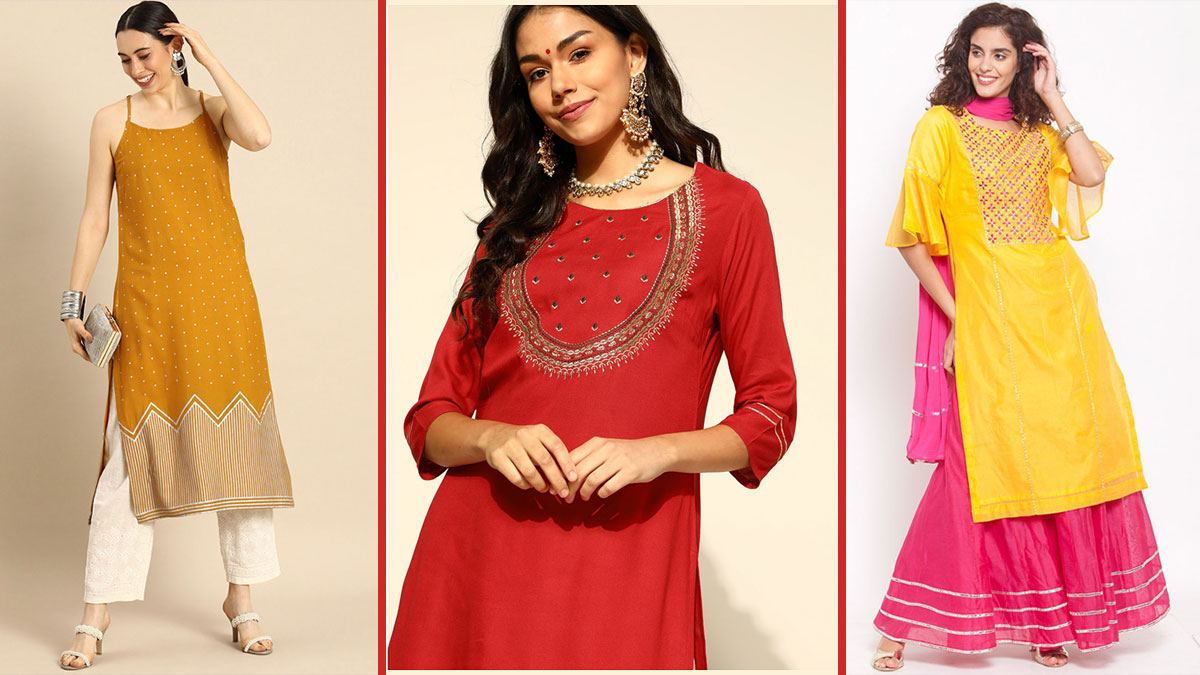 Pink Red And Yellow Color Straight Cut Kurti