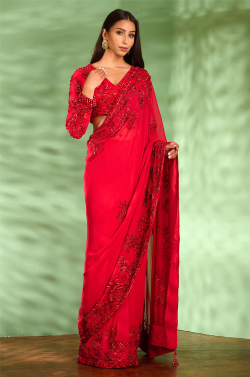 Red Georgette Saree And Blouse Set