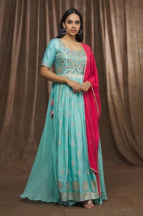 Sky Blue Anarkali With Pink Dupatta