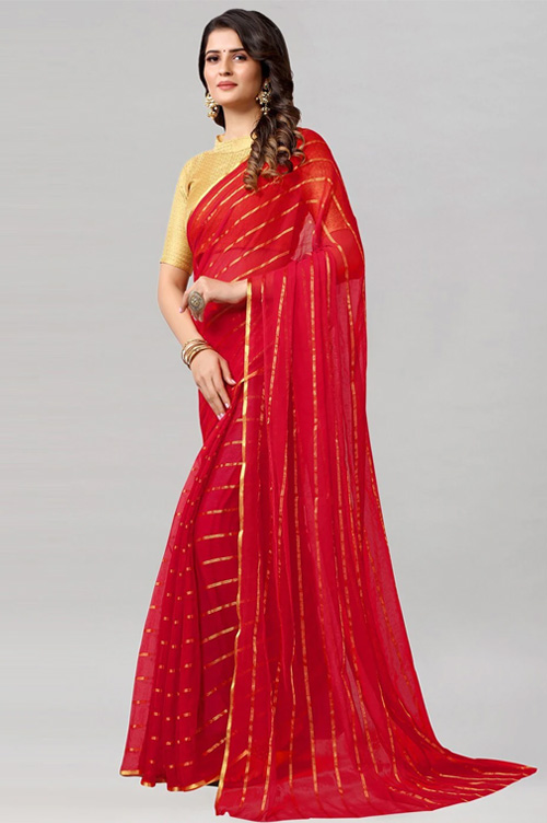 Striped Red Chiffon Saree