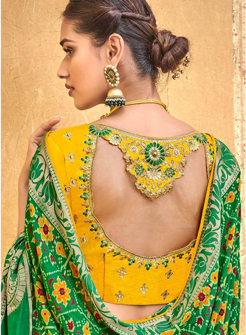 Yellow Blouse Design With Green Embroidery