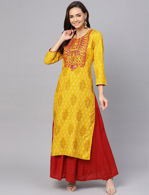 Yellow Kurti With Red Embroidery
