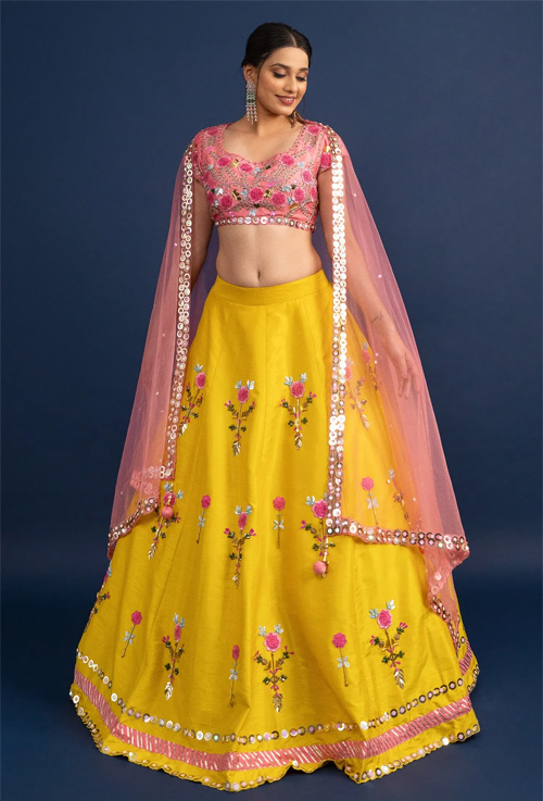Yellow Silk Designer Lehenga With Pink Blouse
