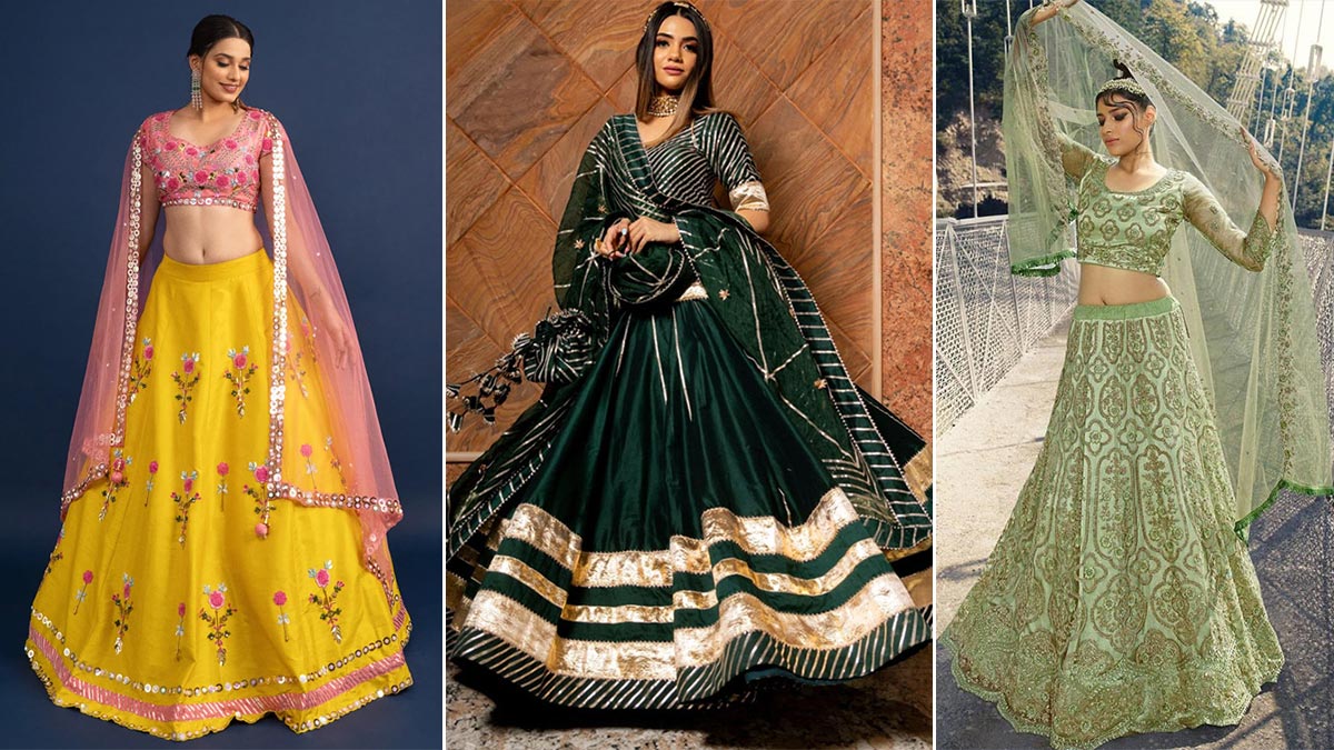 designs of lehengas in pistachio, green and yellow colors