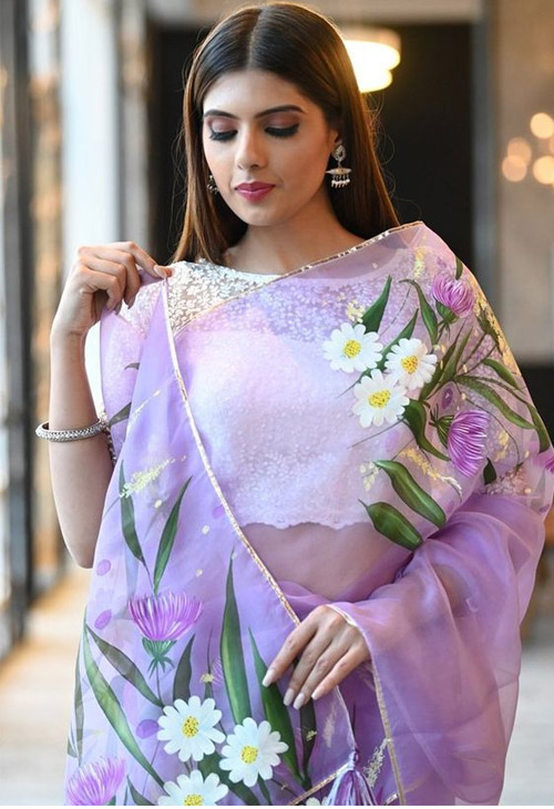 purple organza saree