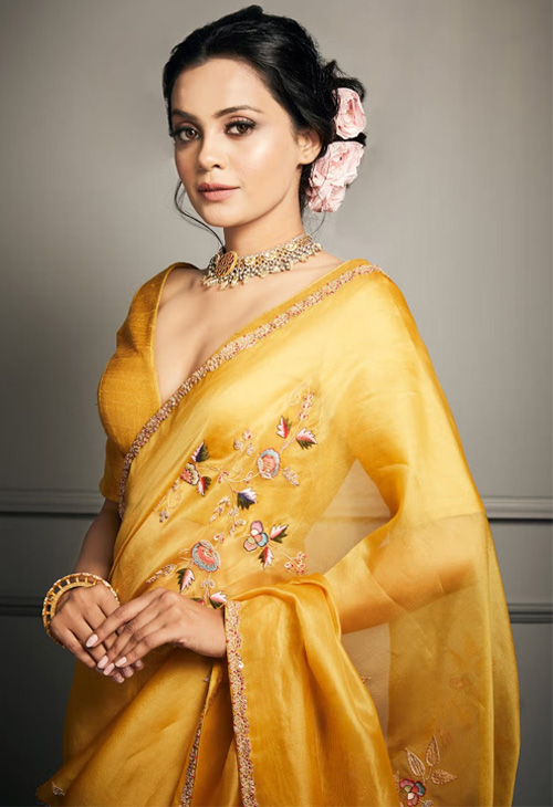 yellow organza saree