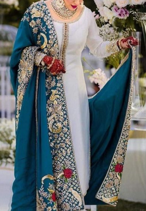 White Kurti And Heavy Work Blue Dupatta
