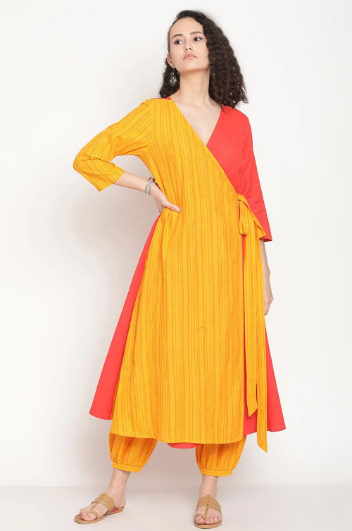 Orange And Yellow Angrakha Kurti