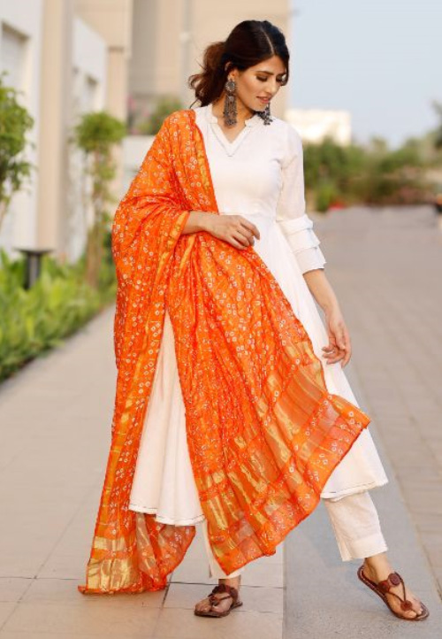 White Kurti And Orange Dupatta