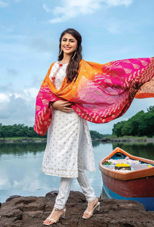 White Kurti And Pink-yellow Dupatta