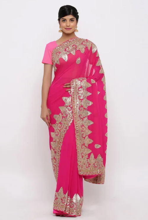 Pink Hand Embroidered Gota Patti Work Saree