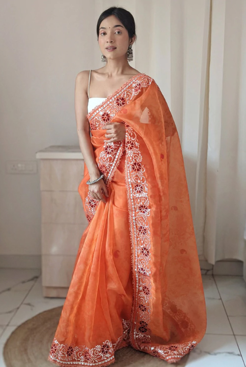 Orange Gota Patti Work Saree