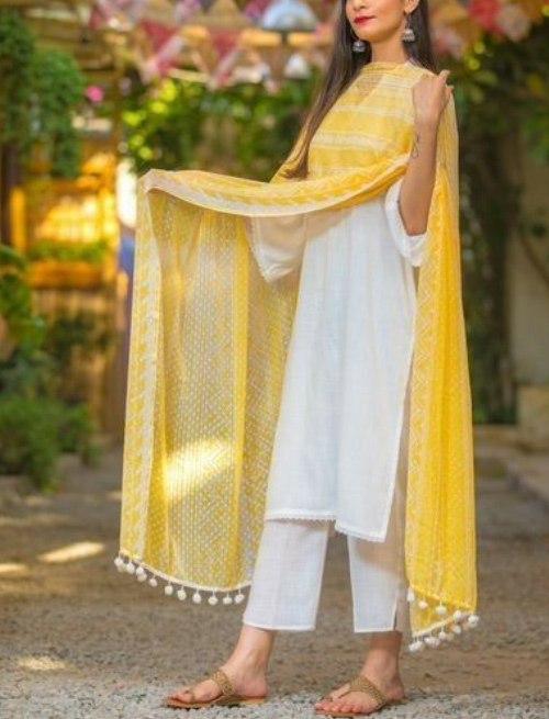 White Kurti And Yellow Dupatta