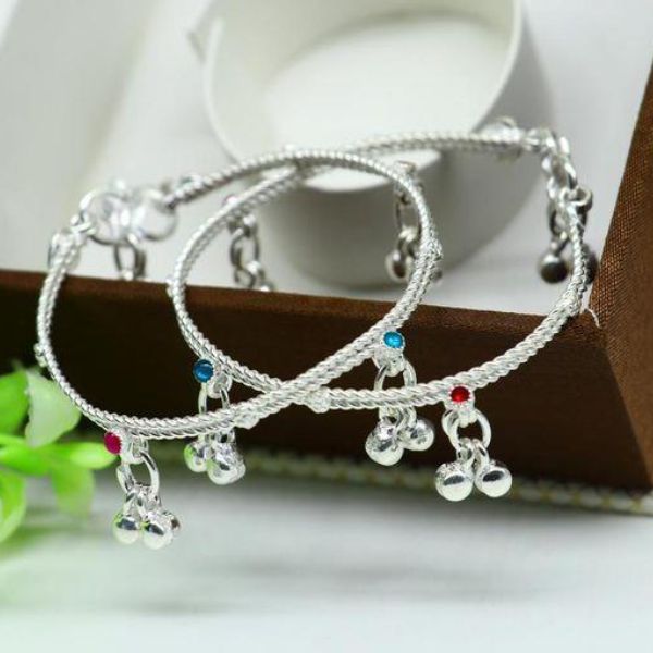 Stone Stud Silver Anklets