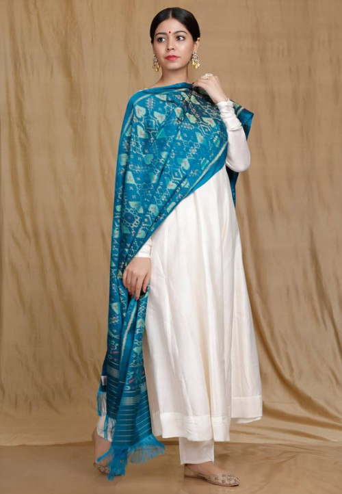 White Kurti And Aqua Blue Dupatta